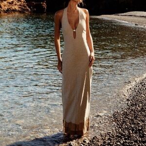 NWT Zara Stretch Midi Halter Dress in Taupe Brown Size XS